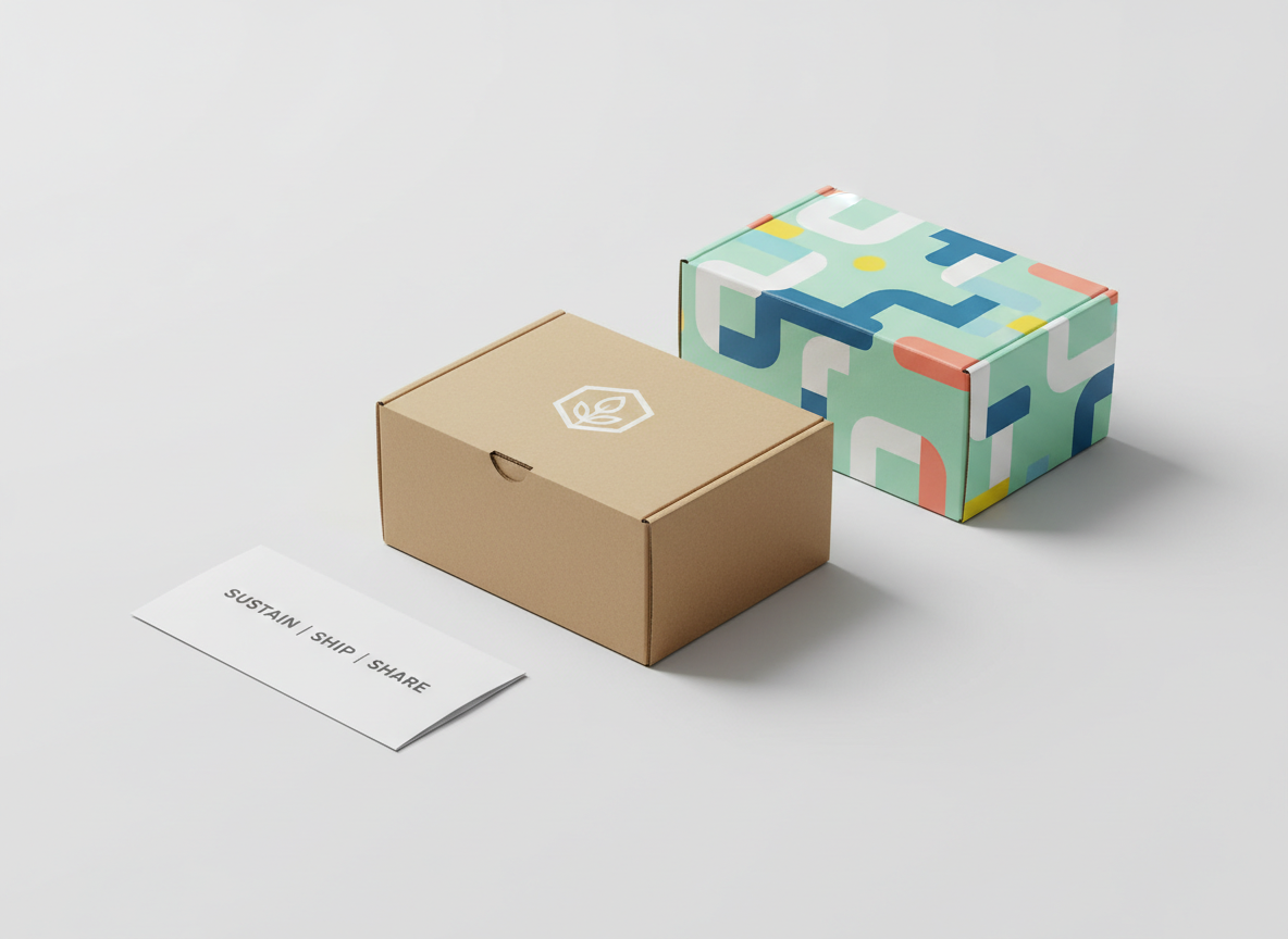 A collection of custom e‑commerce packaging laid out on a seamless light gray studio backdrop: a matte kraft mailer box with crisp white logo, a soft-touch pastel shipping box with bold geometric patterns, and a slim recyclable envelope with a minimalist typographic design. Each package features sharp, print-ready artwork with perfect registration and clean edges. Soft, even studio lighting from both sides creates gentle shadows and subtle highlights on folds and corners, emphasizing structure and print quality. Captured at a slightly elevated three-quarter angle in photographic realism, with sharp focus across the entire scene. The mood is professional, modern, and trustworthy, showcasing variety and cohesion in a single, clean composition suitable for a packaging design agency homepage hero image.