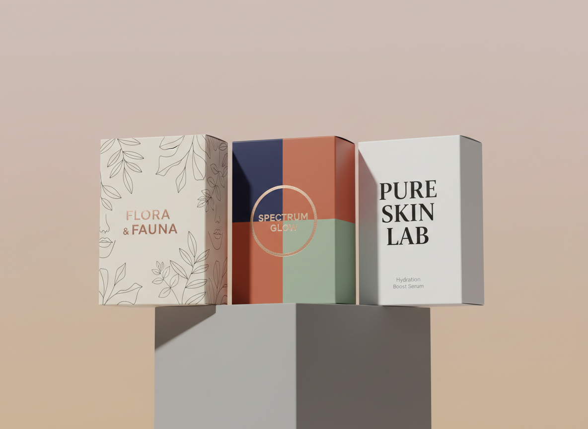 A trio of niche product boxes for a direct-to-consumer skincare brand arranged on a slim, matte pedestal against a soft gradient backdrop shifting from pale blush to warm beige. Each box features different yet cohesive artwork: one with delicate line illustrations, another with bold color blocking, and a third with minimalist typography and ample negative space. The cardboard surfaces are satin-matte with foil-stamped brand marks that catch a gentle key light. Directional studio lighting from the left creates refined shadows that sculpt the boxes’ edges while leaving the background smooth and unobtrusive. Photographic realism, captured at a low, slightly angled perspective for a premium, editorial feel. The scene feels refined, aspirational, and market-savvy, ideal for showcasing tailored packaging design by industry vertical.