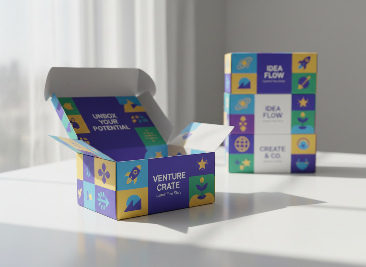 A single, medium-sized custom mailer box standing slightly open on a smooth white tabletop, revealing neatly printed interior graphics that mirror the bold, colorful brand design on the outside. The box surface has a matte finish with rich, saturated colors, crisp vector illustrations, and finely detailed typography. In the softly blurred background, additional boxes in complementary designs are stacked, hinting at a full product line. Diffused daylight from a nearby window creates soft highlights along the box edges and a gentle shadow behind it. Photographic realism, shot at eye level with a shallow depth of field and rule-of-thirds composition. The atmosphere is polished, creative, and aspirational, ideal for communicating premium yet accessible custom packaging options for startups.