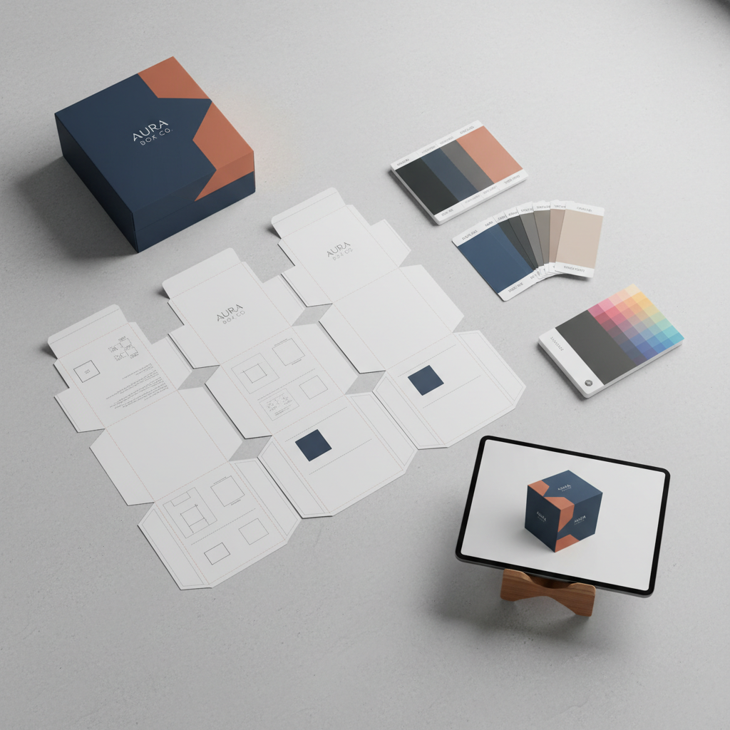 A flat-lay composition of print-ready packaging design assets on a pale concrete surface: unfolded dieline templates printed on bright white cardstock, neatly aligned next to color swatch cards, a Pantone-style fan deck, and a tablet displaying a finalized 3D packaging mockup. A finished, assembled box featuring the same design sits in the upper corner, its matte finish catching subtle highlights. Overhead, diffused studio lighting eliminates harsh reflections, allowing every line, fold mark, and color block to appear ultra-clear. Photographic realism with sharp focus from edge to edge, emphasizing precision and technical detail. The mood is meticulous, professional, and process-focused, perfect for illustrating how concept artwork becomes production-ready packaging for e‑commerce brands.